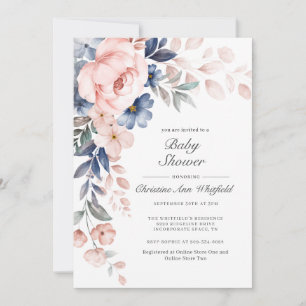 Roze Blauwe Floral Baby shower Kaart
