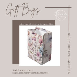 Roze & Blauwe Floral Design Gift Bag Medium Cadeauzakje