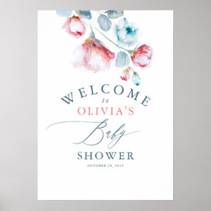 Roze Blauwe Floral Elegant Baby shower Welkom Poster