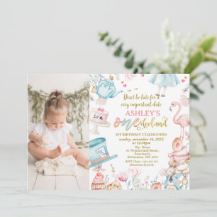 Roze Blauwe Foto Alice Onederland 1e verjaardag Kaart