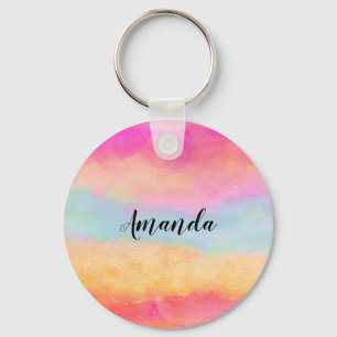 Roze blauwe gele regenboog Abstracte strepen Sleutelhanger