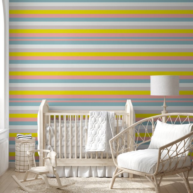 Roze blauwe gele strepen Elegant Behang (Kinderen)