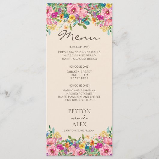 Roze blauwe gele Waterverf Boho Wildbloemen Menu (Voorkant)