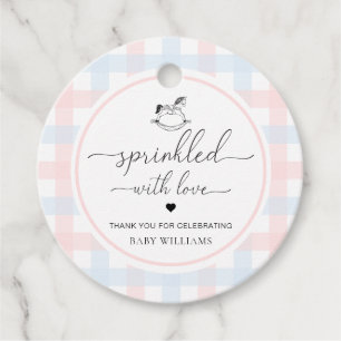 Roze blauwe gingham-paard, geprint met liefde bedankjes labels