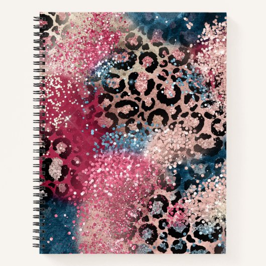 Roze Blauwe Glitter Leopard Print Notitieboek (Voorkant)