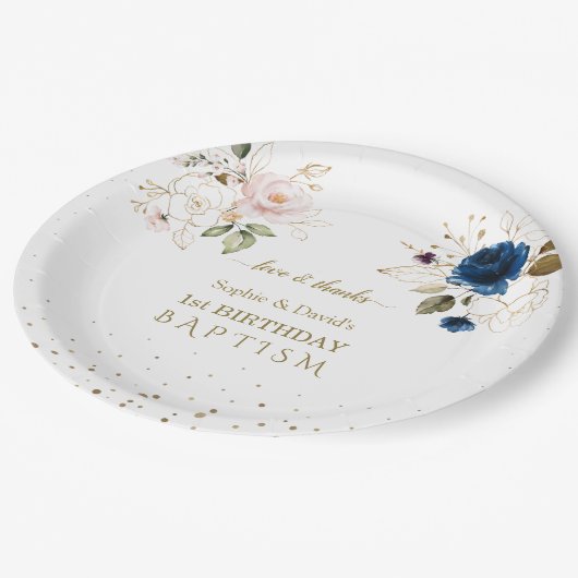 Roze Blauwe Gouden Bloemen Tweeling 1e Verjaardag  Papieren Bordje (Gekanteld)