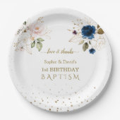 Roze Blauwe Gouden Bloemen Tweeling 1e Verjaardag  Papieren Bordje (Voorkant)