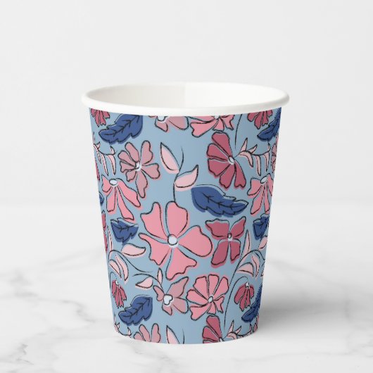 Roze Blauwe Hand Getrokken Bloemblok Print Papieren Bekers (Links)