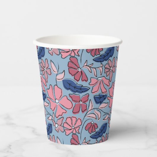 Roze Blauwe Hand Getrokken Bloemblok Print Papieren Bekers (Voorkant)