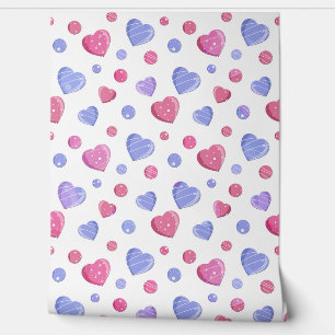 Roze, blauwe harten op een witte achtergrond. behang