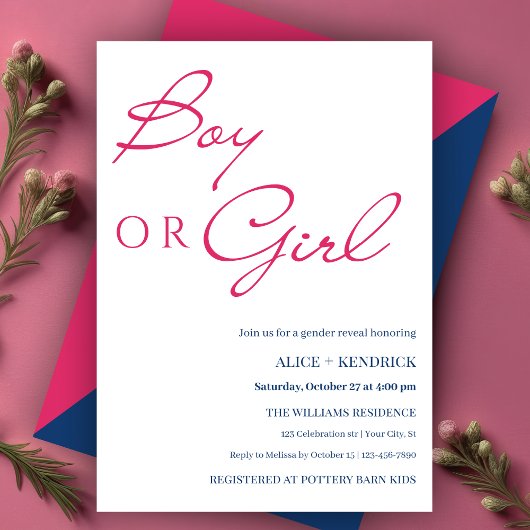 Roze Blauwe Kalligrafie Jongen of Meisje Geslacht Kaart