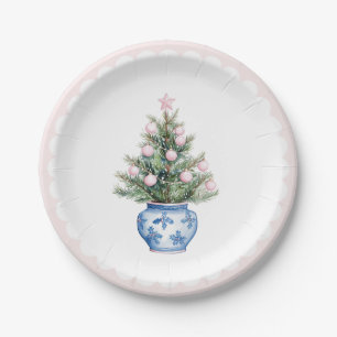 Roze & Blauwe Kerstboom Een Scallop Rand Papieren Bordje
