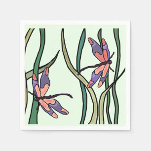 Roze blauwe libellen en groene bladeren servet
