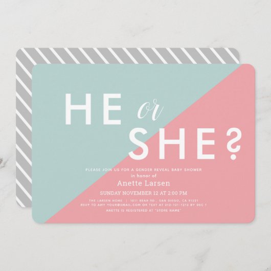 Roze & Blauwe Moderne Geslacht Reveal Baby Shower Kaart (Voorkant / Achterkant)