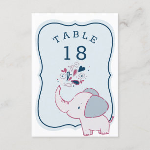 Roze & Blauwe Olifant Baby shower Tafelnummer Kaar