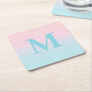 Roze Blauwe Omber met Gouden Lijnen Monogram Vierkante Kartonnen Onderzetter