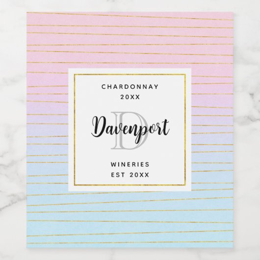 Roze Blauwe Ombre met Dunne Gouden Lijnen Wijnbere Wijn Etiket (Enkel label)