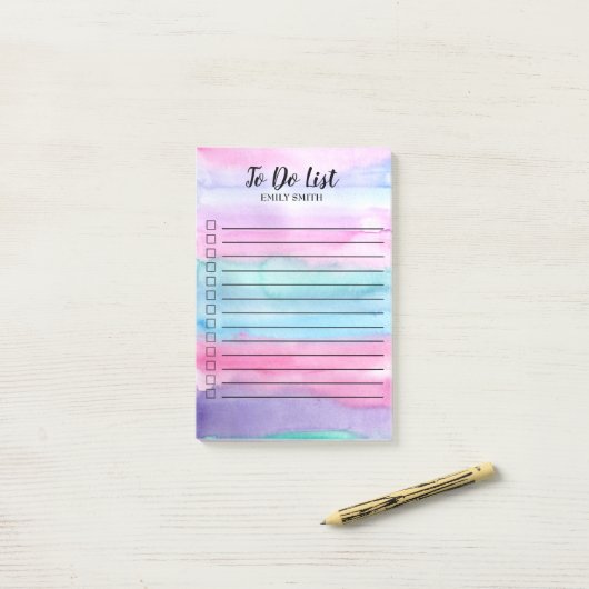 Roze blauwe Paarse checkbox met Waterverf aflevere Post-it® Notes (Op bureau)