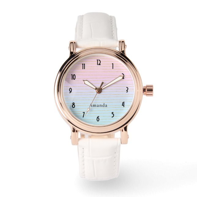 Roze Blauwe Pastel Gradient met Gouden Lijnen Horloge (Voorkant)