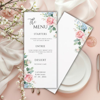 Roze Blauwe Pioenrozen Bloemige Elegante Trouwdag Menu