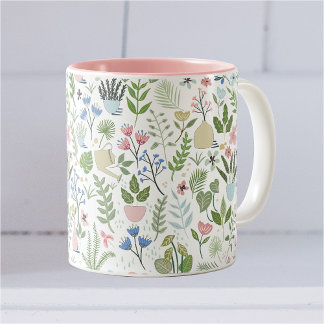Roze blauwe Planten bloemen groen Tweekleurige Koffiemok