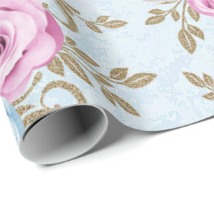Roze blauwe Rozen Gold Damask Baroque Antonietta Cadeaupapier