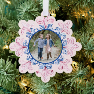 Roze & Blauwe Sneeuwvlok Foto Ornament Kaart