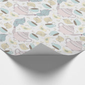 Roze blauwe Teapots TeaCups vogels op wit Cadeaupapier (Hoek)