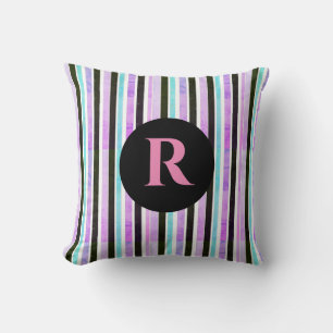 Roze Blauwe Textuur Strepen Patroon Monogram Kussen