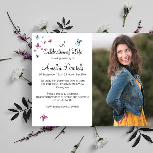 Roze Blauwe Vlinder Foto in Liefdevolle Memory Kaa Kaart