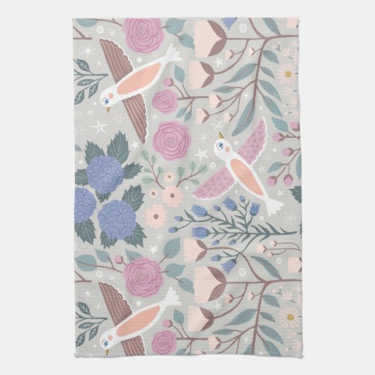 roze blauwe vogelsoorten - Kunstpatroon Theedoek (Verticaal)