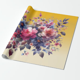 Roze Blauwe Waterverf Abstract Bloemen Goud Cadeaupapier