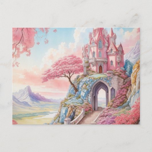 Roze Blauwe Waterverf Fantasy Castle Briefkaart (Voorkant)