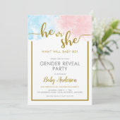 Roze & Blauwe Waterverf Gouden Script Geslacht ont Kaart (Staand voorkant)