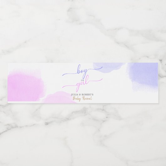 Roze & Blauwe Waterverf Gouden Script Geslacht ont Waterfles Etiket (Enkel label)