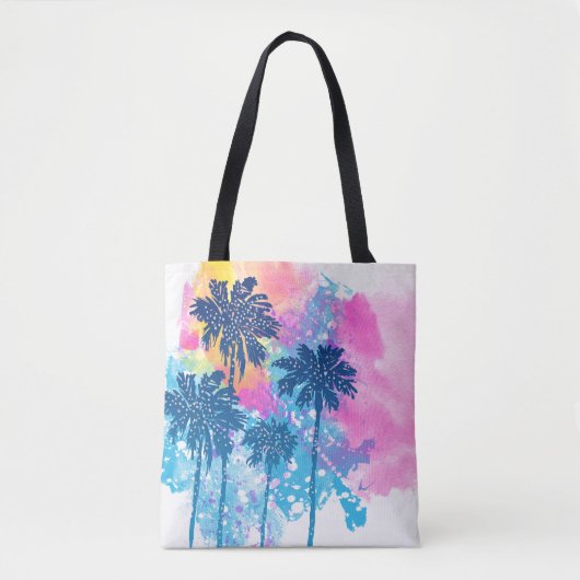 Roze blauwe Waterverf Hawaii Tropische palmen Draagtas (Voorkant)