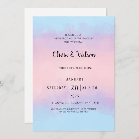 Roze blauwe Waterverf Minimale uitnodiging voor hu (Voorkant / Achterkant)