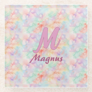 roze blauwe waterverf pastel monogram naam letter glazen onderzetter