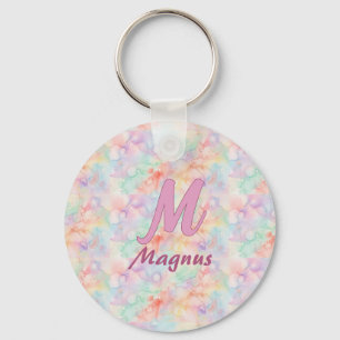 roze blauwe waterverf pastel monogram naam letter sleutelhanger