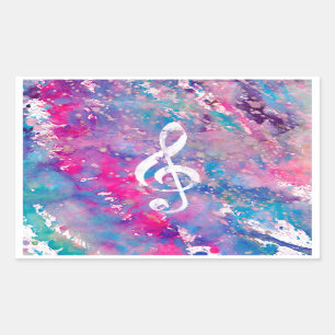 Roze blauwe Waterverf Verf Muziek Opmerking Treble Rechthoekige Sticker