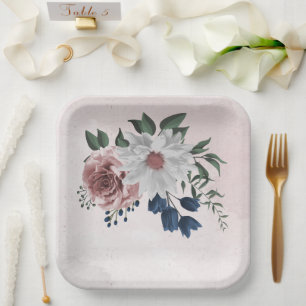 roze blauwe witte florale bruine bruiloft papieren bordje