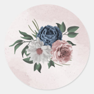 roze blauwe witte florale bruine bruiloft ronde sticker