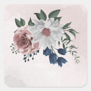 roze blauwe witte florale bruine bruiloft vierkante sticker