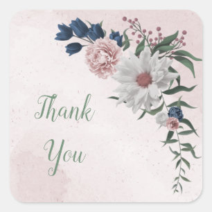 roze blauwe witte florale bruine bruiloft vierkante sticker