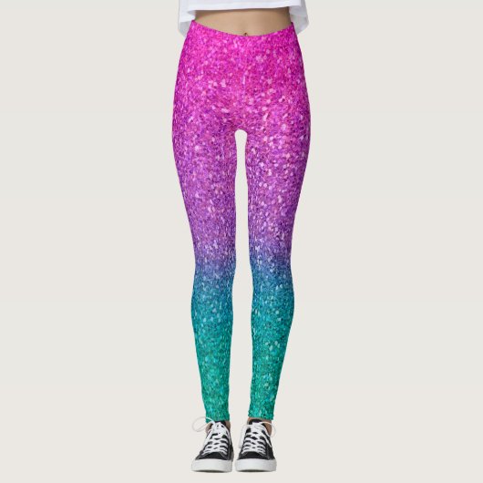 Roze Blauwgroen Aqua Blue en Paarse Sparkly Glitte Leggings (Voorkant)