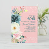 Roze Blauwgroen Cream Floral 40e verjaardag Kaart (Staand voorkant)