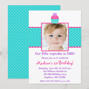 Roze Blauwgroen Cupcake 1st Birthday Girl Foto Kaart
