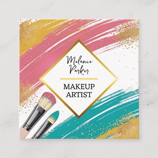 Roze Blauwgroen Gouden Glitter Paint Make-up Vierkante Visitekaartje (Voorkant)
