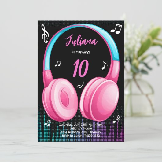 Roze Blauwgroen muzikale verjaardagsuitnodiging Kaart (Staand voorkant)