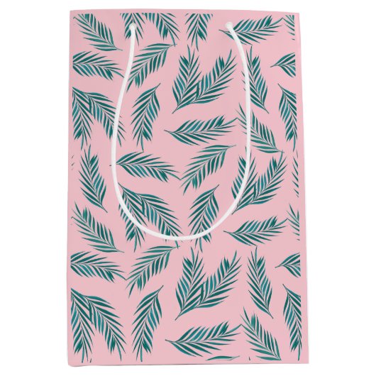 Roze & Blauwgroen Palmbladeren Tropisch Medium Cadeauzakje (Voorkant)
